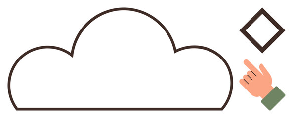 Hand interacting with a cloud outline and diamond shape. Ideal for technology, cloud, creativity, interaction, networking, innovation, connection, simple flat metaphor