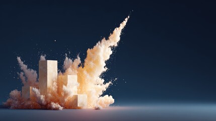 Rectangular blocks arranged in a stepped formation with an explosion of light orange powder and particles against a dark blue background