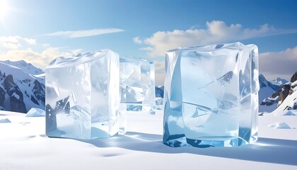 Ice Cubes on Snowy Mountain Landscape.