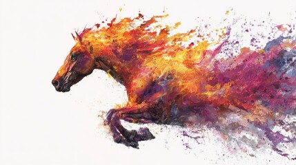 Dynamic image of a horse running forward white its body transforms into flames and splashes of colors on white background. Fire horse New Year 2026 illustration. Generative AI