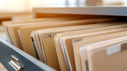 File organization concept: a drawer filled with sorted folders. Efficient document management and storage solutions. Tidy office workspace.