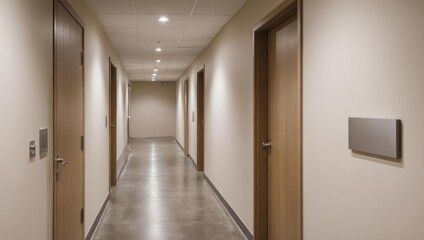 Fototapeta premium Modern Hotel Corridor with Multiple Doors and Subtle Lighting.