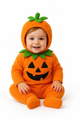 cute toddler wearing a plush pumpkin Halloween costume