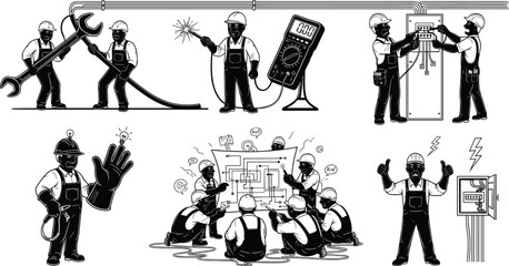 Obraz premium Electricians installing wiring system, electrical repair, maintenance engineers using tools, circuit testing, teamwork, safety, and professional power service illustration