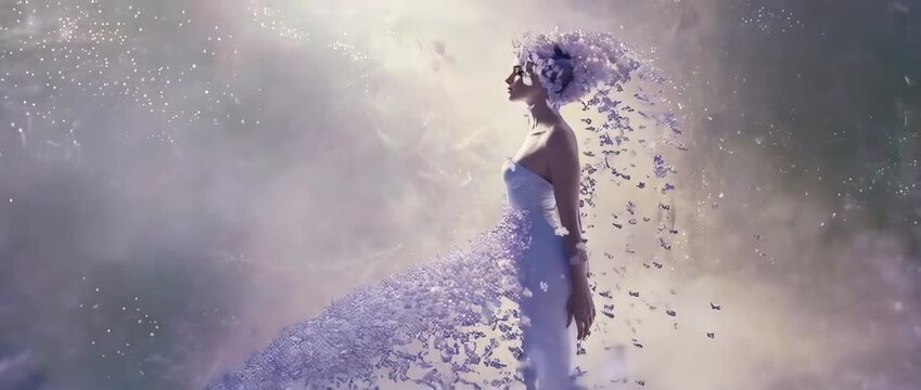 A magical animation where a swarm of purple and pink butterflies forms a woman's profile. Symbolizes transformation, freedom, and collective female power.