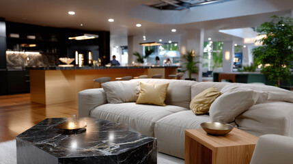 An elegant living room showcasing luxurious furniture and a stylish coffee table, combining comfort and sophistication for an inviting atmosphere.