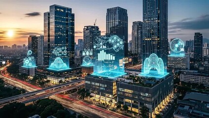 Futuristic urban cityscape at sunset with glowing digital interfaces overlaid on buildings, showcasing tech - Powered by Adobe