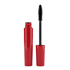 3d icon of red mascara tube and wand isolated on transparent background
