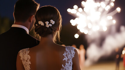 Couple celebrating under fireworks. Bride with floral hairpiece. View from behind showing elegant dress. Nighttime celebration.
