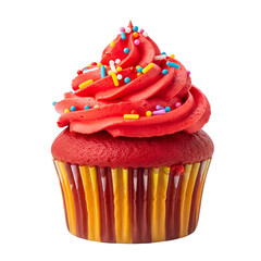 3d icon of a single red velvet cupcake with vibrant red frosting and colorful sprinkles, isolated on transparent background