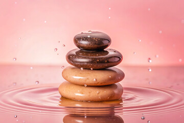 Stacked smooth black Zen stones with water drops concept of spa and balance 