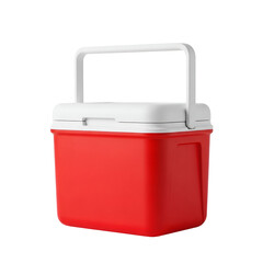3d icon of red portable cooler box with white lid and handle, isolated on transparent background
