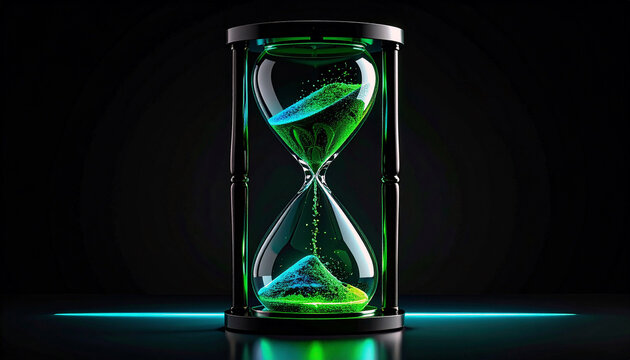 Ephemeral Passage: A mesmerizing hourglass filled with glowing sand against a dark backdrop. This image evokes themes of temporality, urgency, and the captivating flow of moments.
