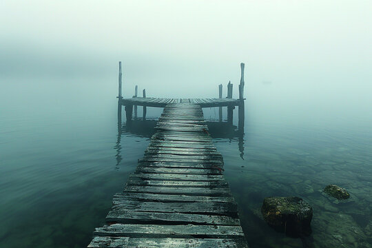 An ancient wooden pier extending into a foggy morning sea, with the structure appearing timeless and weathered, shrouded in mist with only faint silhouettes of distant land visible through the fog.
