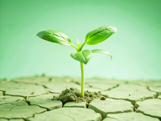 Green sprout growing from cracked dry soil concept of environmental hope and sustainability