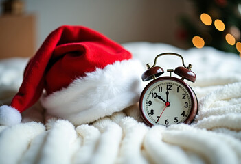 Santa hat and vintage alarm clock on white fluffy blanket, cozy composition, countdown to Christmas
