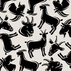 Goat background, pattern set. Collection icons goat. Vector