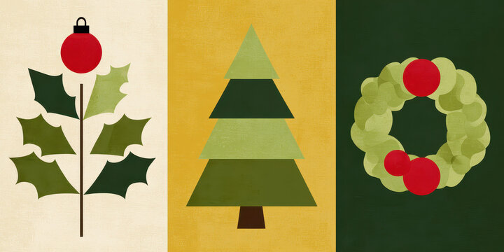 Festive Holiday Composition: Three seasonal symbols—holly, tree, and wreath—depicted in a charming flat design style. This image radiates warmth and cheer.