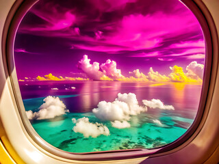 Soft clouds over a turquoise ocean from an airplane window concept of travel and freedom 
