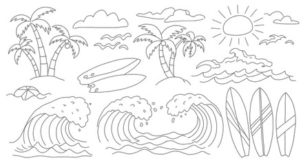 Summer vibes line art illustration featuring beach scene and surf elements
