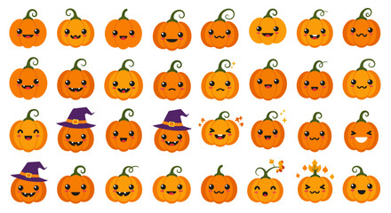 Fototapeta premium A large collection of cute, cartoon-style pumpkins, each with a unique, expressive face, perfect for Halloween decorations and themes