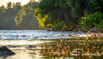 Riverbank Splashing Water Sunlight.