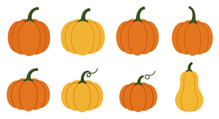 Colorful set of autumn pumpkins and gourds in various shapes and sizes. Flat design vector icons for seasonal holiday decoration