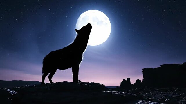 Wolf howling at the full moon in a dramatic nighttime scene