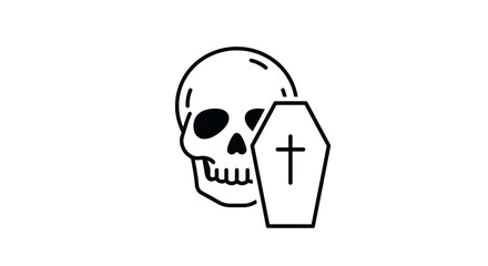 Simple line art illustration of a human skull alongside a coffin adorned with a cross, symbolizing themes of mortality, remembrance, and the macabre for various design projects