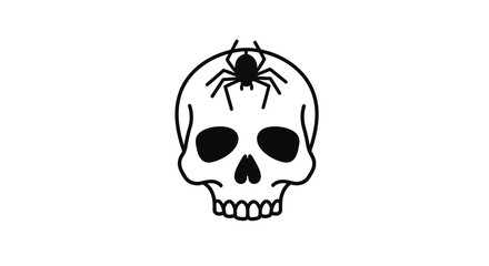 Fototapeta premium Stylized black and white vector illustration featuring a detailed human skull with a menacing spider resting on its cranium, ideal for dark themes, horror, and Halloween graphics