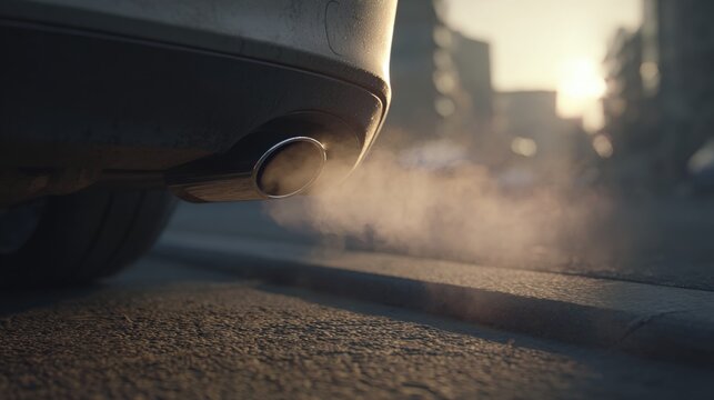 A close-up of a car exhaust emitting smoke, highlighting urban surroundings and emphasizing environmental concerns related to vehicle emissions.
