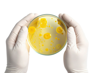 Petri dish with yellow colonies held by gloved hands