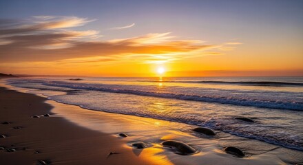 Beautiful beach sunset ocean waves sand rocks landscape scenic seascape travel photography vacation destination