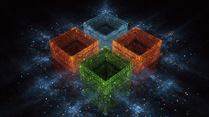 Abstract Cubes in Space: A captivating digital artwork showcases four interconnected, luminous cubes suspended in a mesmerizing cosmos of light and color. The artwork evokes themes of technology.