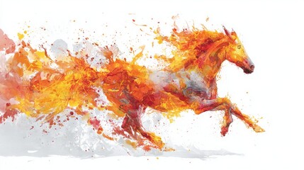 Dynamic image of a horse running forward white its body transforms into flames and splashes of colors on white background. Fire horse New Year 2026 illustration. Generative AI