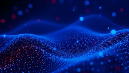 Abstract digital wave pattern with glowing blue and red particles, creating a futuristic visual.