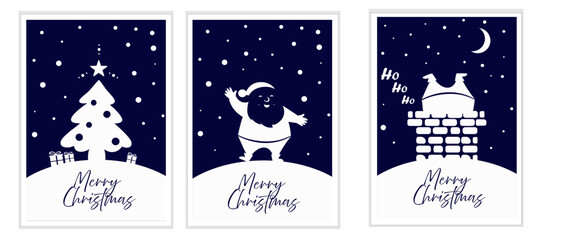 Naklejka premium Set Christmas cards, with Christmas tree, Santa and one with Santa climbing into a chimney dark blue and white vector design