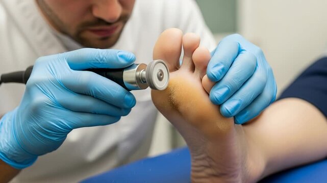 Podiatrist removes large callus on elderly person's foot using specialized sanding device for immediate relief