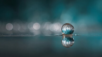 Teal Bokeh Reflection — Macro Water Droplet