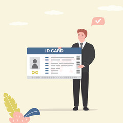 Businessman standing and holding ID card. Plastic password, identification card. Male character personal business card.
