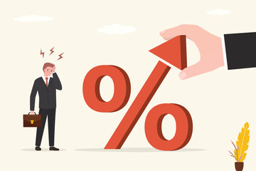 Interest rate, tax or VAT increase, loan and mortgage rate upward trend. Unhappy customer. Government politician or banker hand put upward arrow on percentage symbol