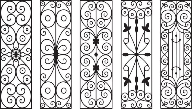 Ornate wrought iron decorative panels with swirling patterns and floral motifs vector