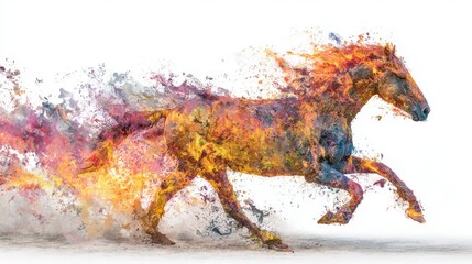 Dynamic image of a horse running forward white its body transforms into flames and splashes of colors on white background. Fire horse New Year 2026 illustration. Generative AI