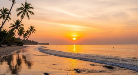 Tropical beach sunset palm trees ocean waves sand golden hour paradise vacation travel destination