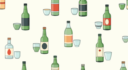 A collection of japanese sake bottles and cups.