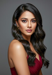 Naklejka premium A beautiful, alluring Indian woman with long dark wavy hair, captivating the viewer with her confident gaze and elegant maroon dress.
