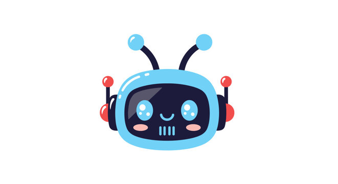 A cute blue robot with big blue eyes smiles sweetly.