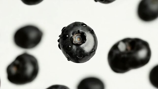 A cluster of blueberries suspended in mid-air, captured in a moment of free fall