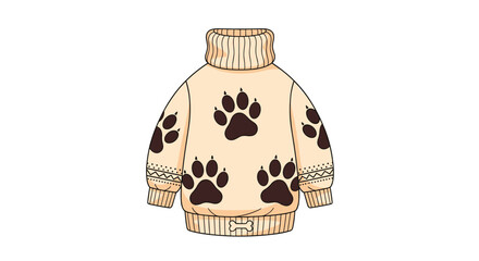 A cozy tan sweater adorned with dark brown paw prints and a fuzzy collar.