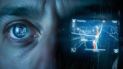 A close-up of an eye blinking while focusing on a futuristic GPS heads-up display during a rainy night drive with passing lights - Powered by Adobe